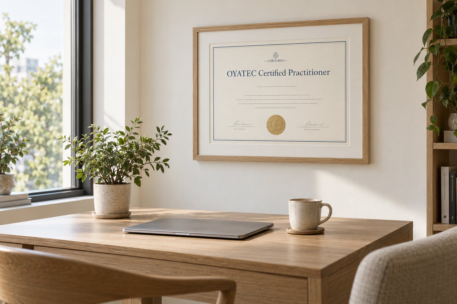 A framed OYATEC Certified Practitioner certificate on a clinic wall