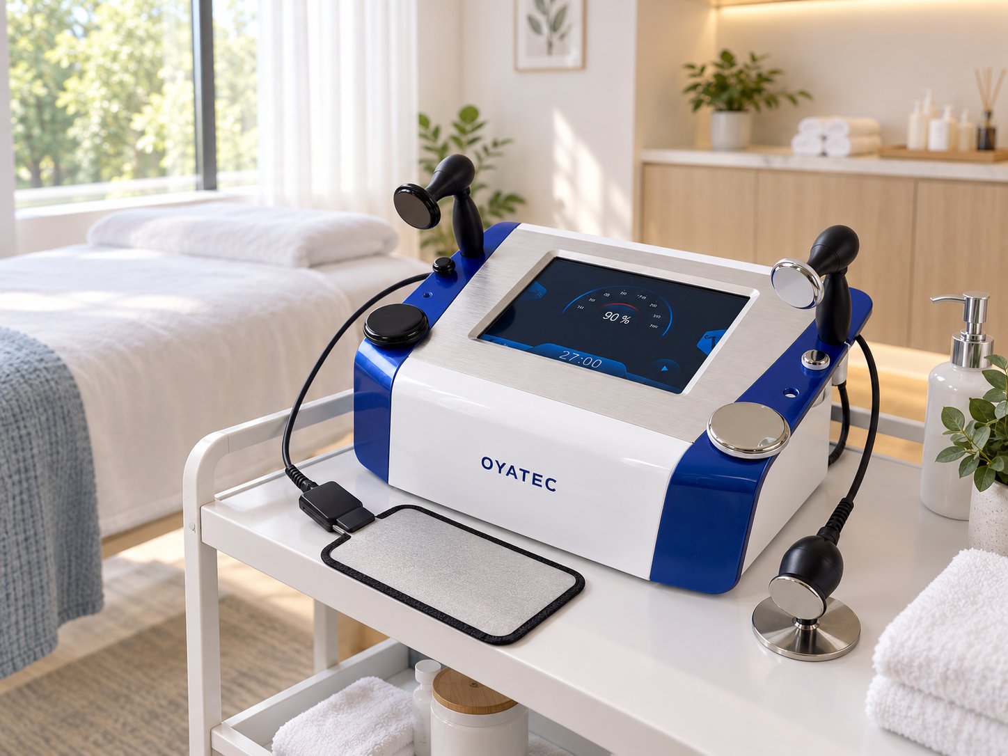A bright treatment room with the TECAR system on a cart beside the table at the OYATEC Flagship Clinic