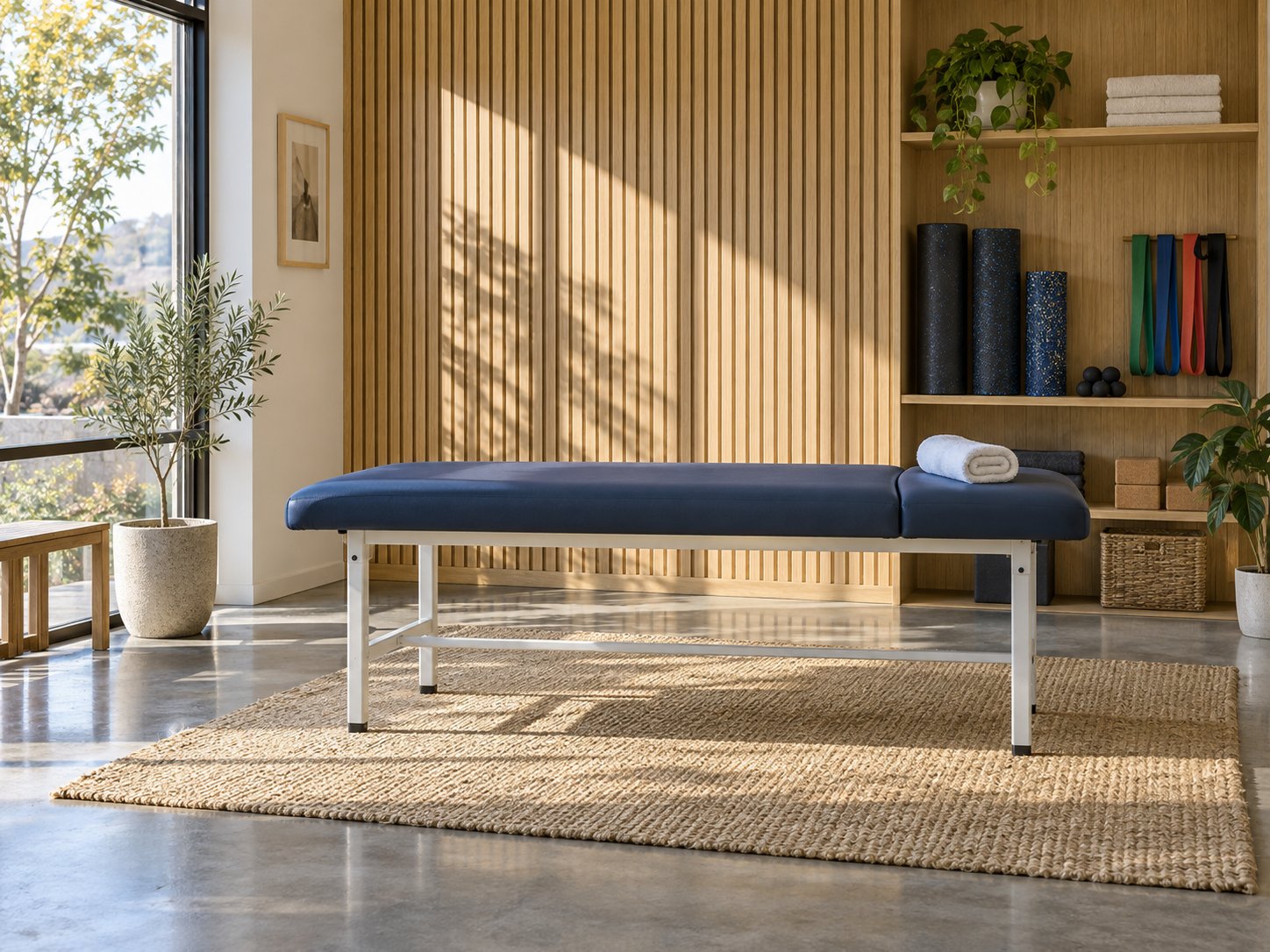 A physical therapy room with a navy treatment table at Brazos Bend Physical Therapy