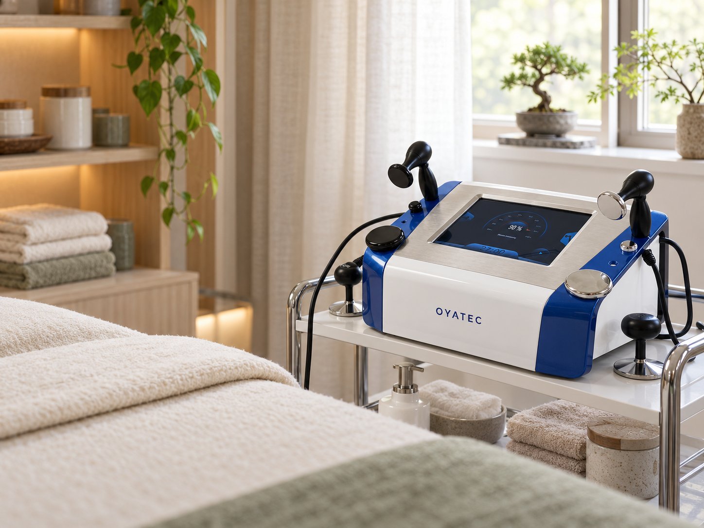 A calm treatment room with ceramic jars and the TECAR system at Golden Crane Acupuncture & Herbs