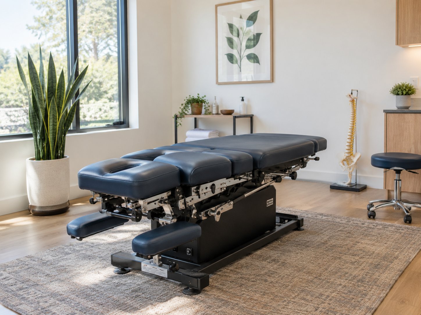 A chiropractic treatment room with a dark blue table at Nineteenth Street Spine & Sports