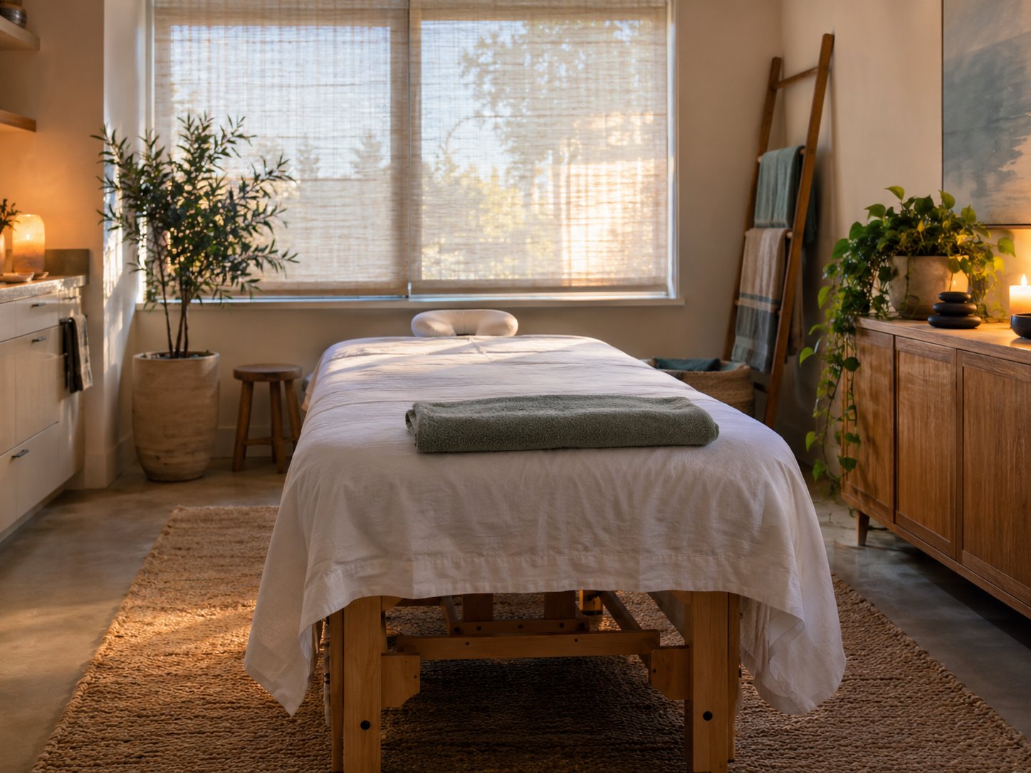 A massage room with a linen-covered table at Broadway Bodywork & Massage