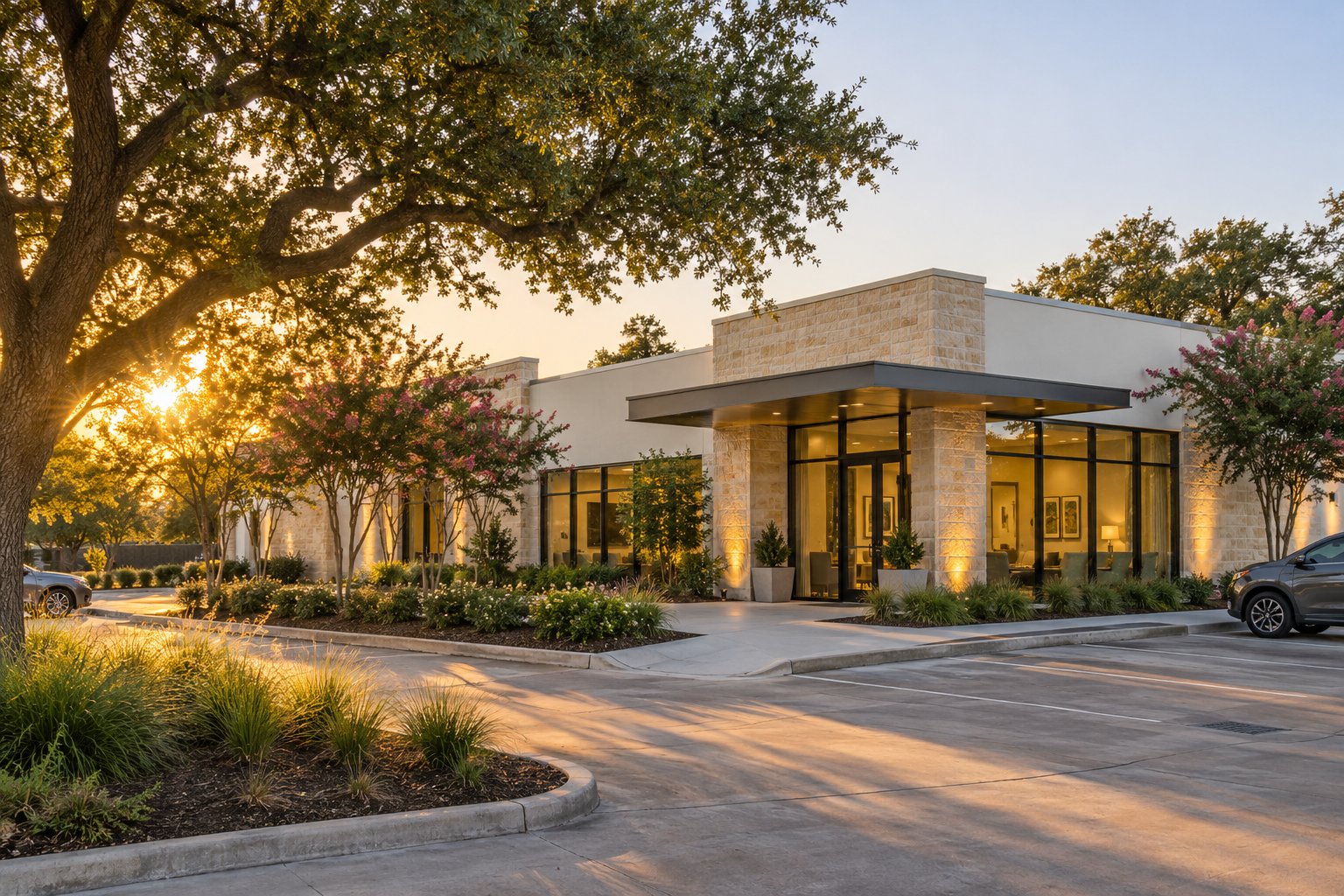 The single-storey OYATEC building in Friendswood among live oaks at golden hour