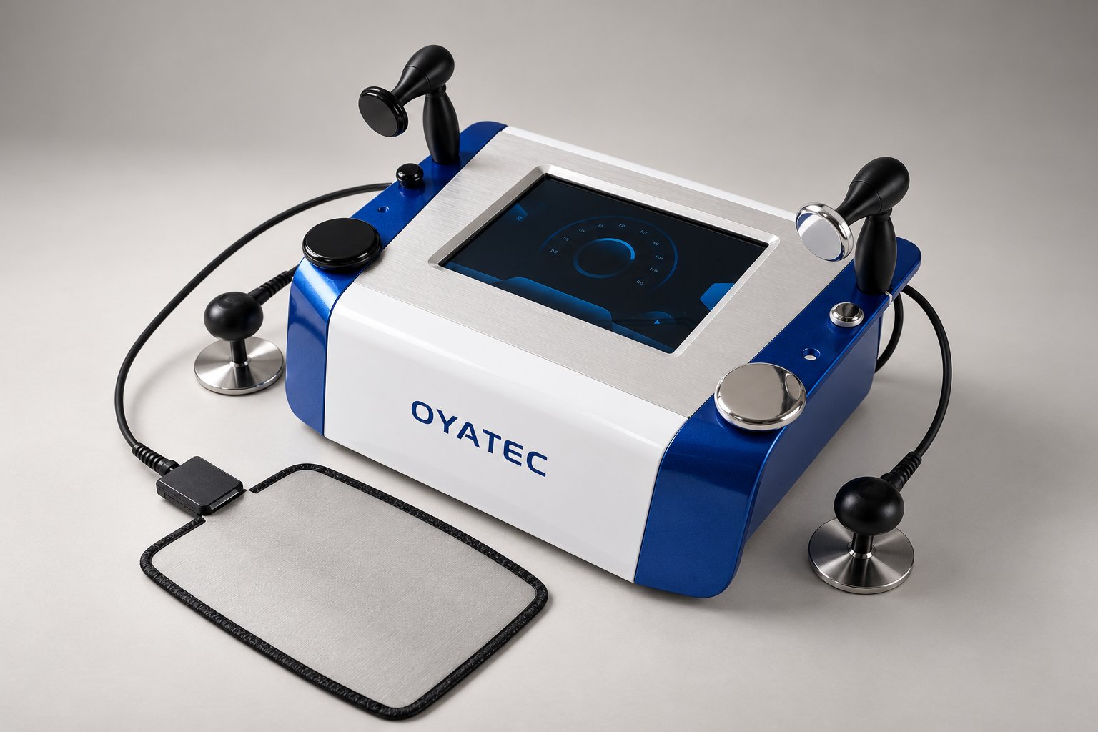 The OYATEC TECAR system with its two handpieces and return plate