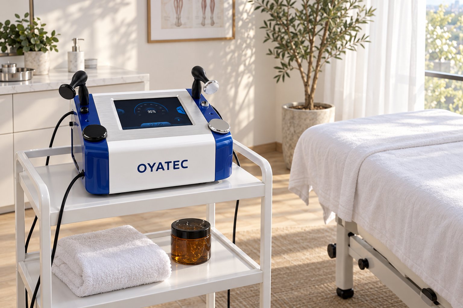 The OYATEC TECAR system beside a treatment table in a clinic