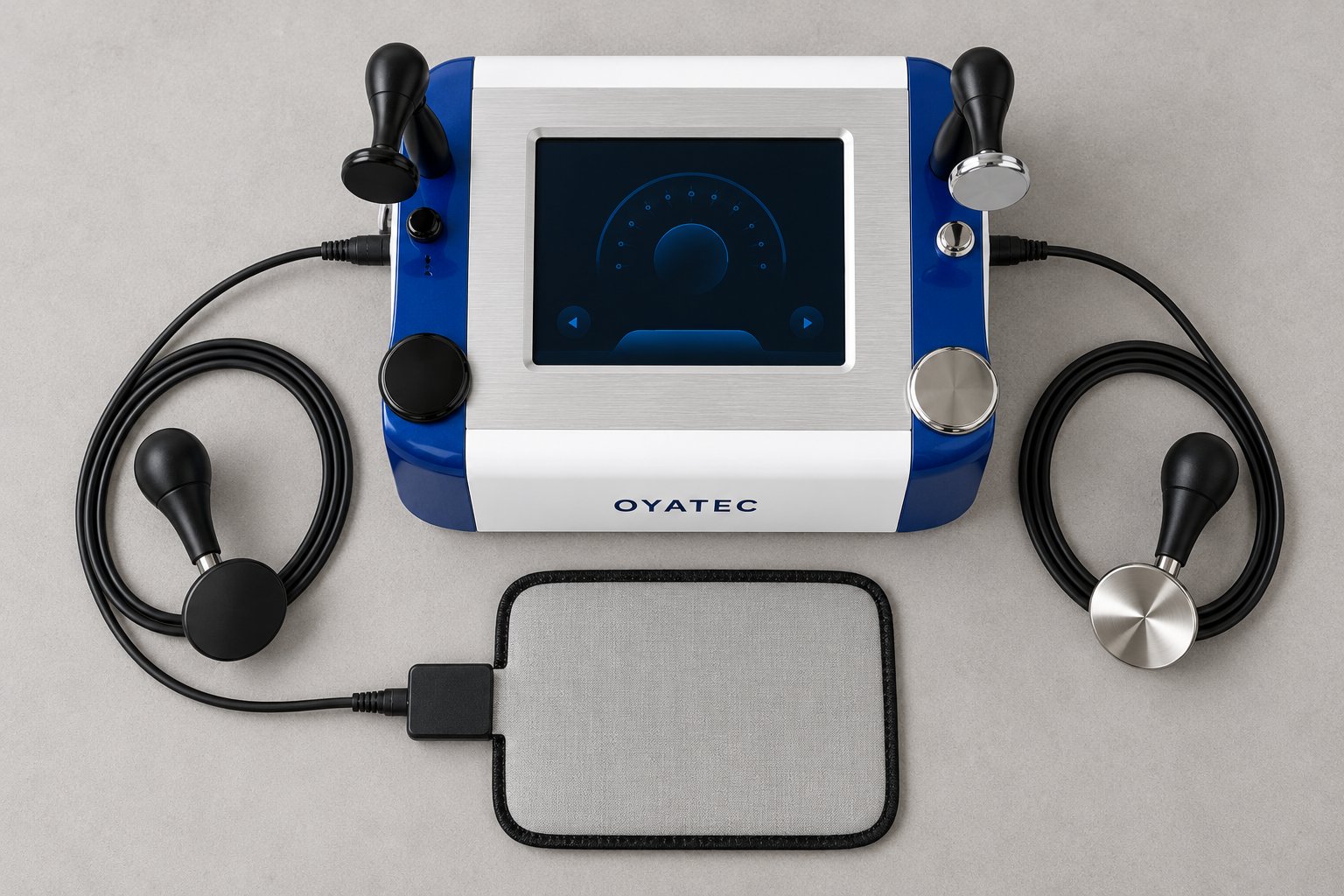 The OYATEC TECAR system seen from above, with both handpieces coiled beside it and the return plate laid out below