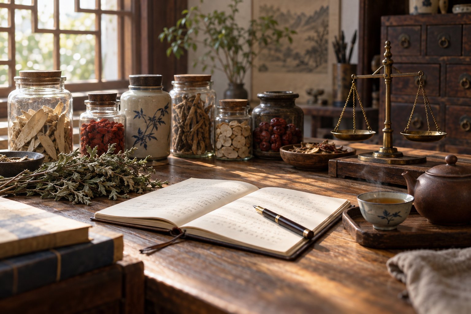 A wooden desk with jars of dried herbs, an open notebook and a cup of tea