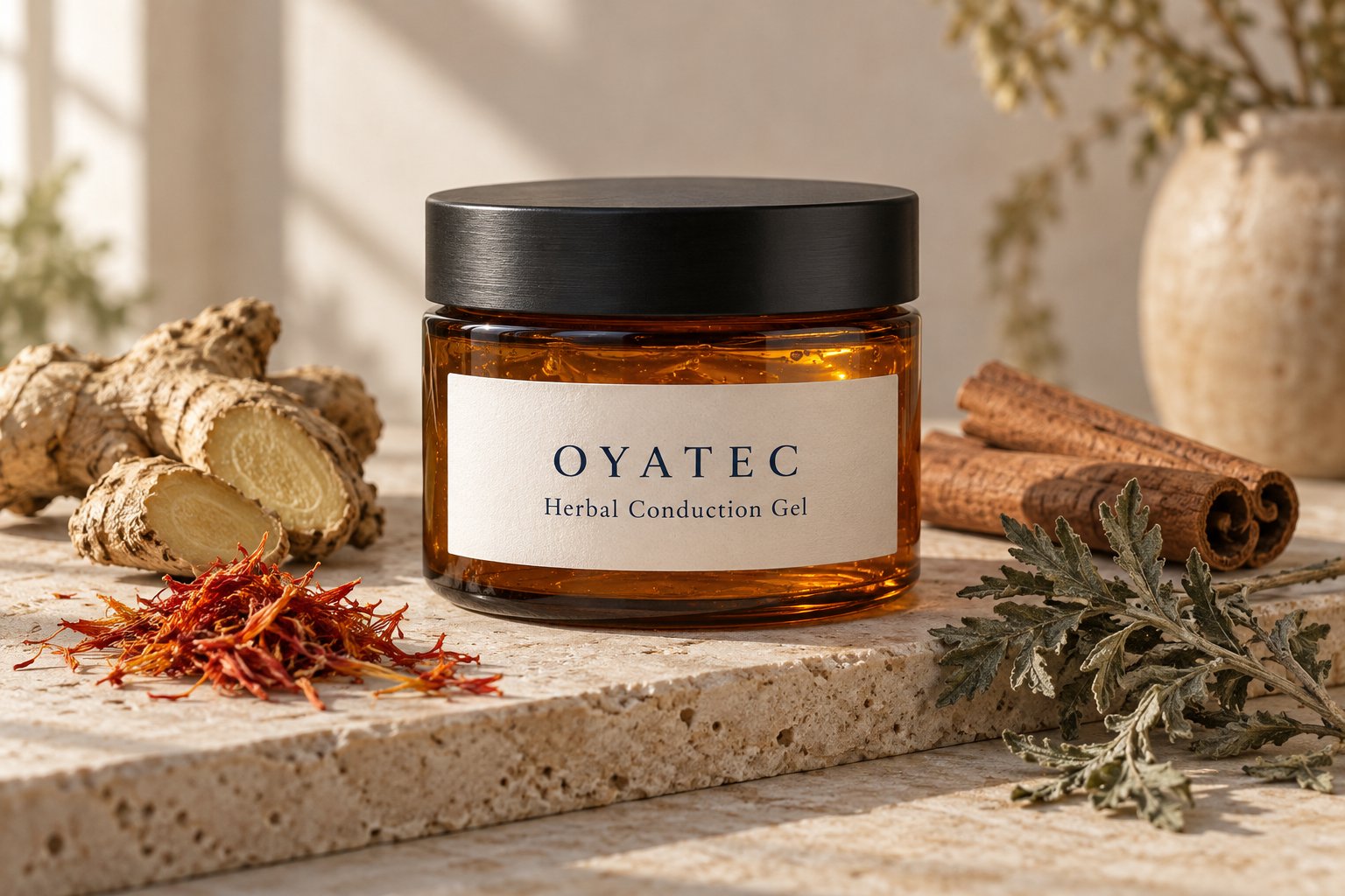 A jar of OYATEC herbal gel beside fresh ginger and dried herbs