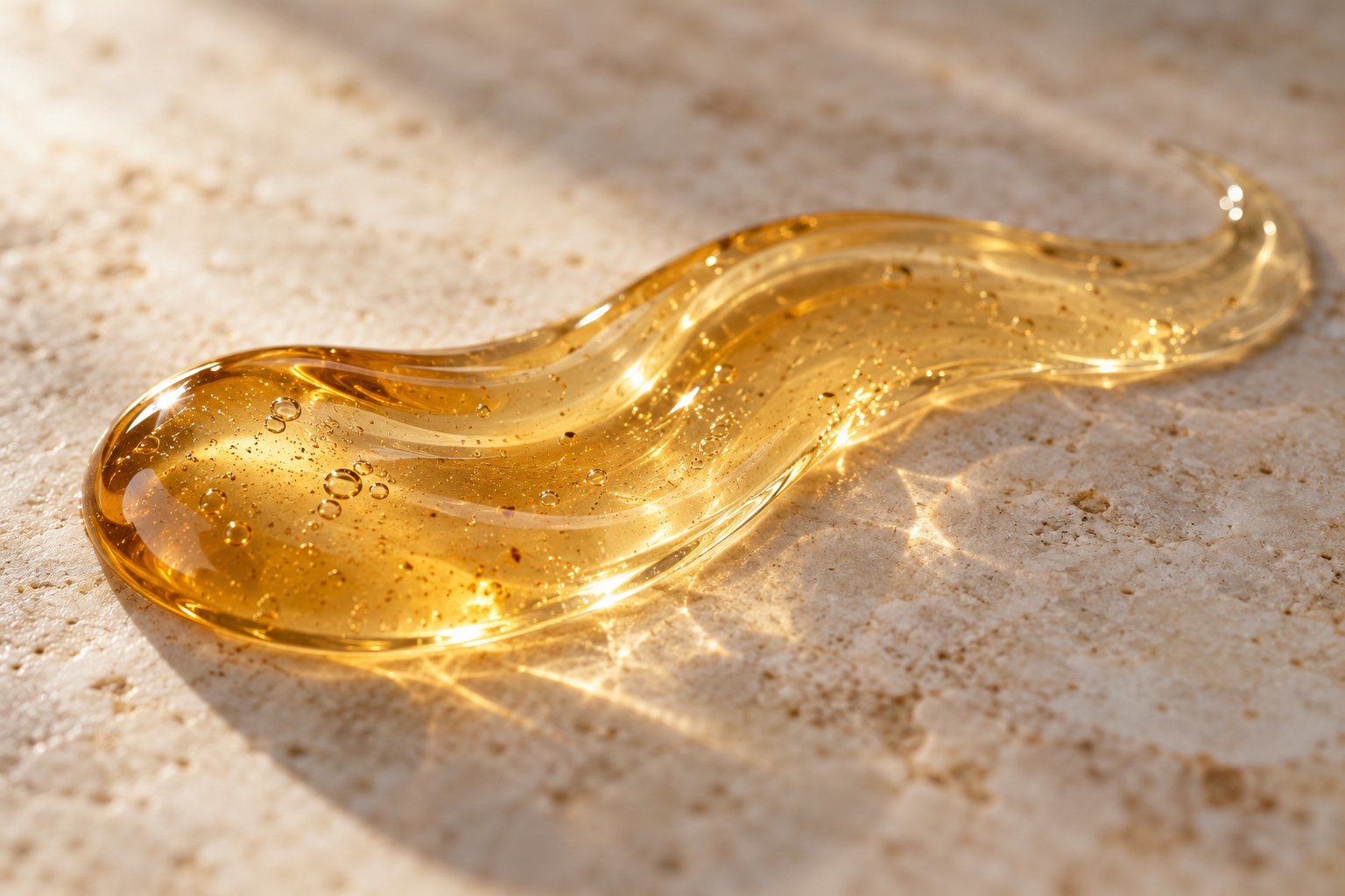 A smooth swirl of amber OYATEC herbal gel on pale stone