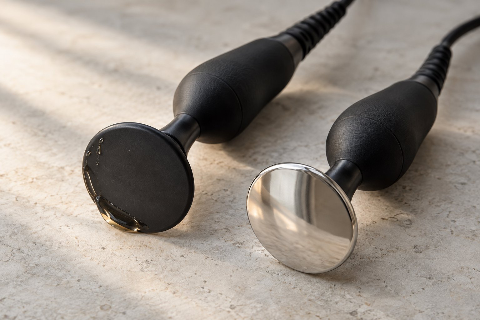 The two handpieces side by side, one with a black CET head and one with a polished steel RET head