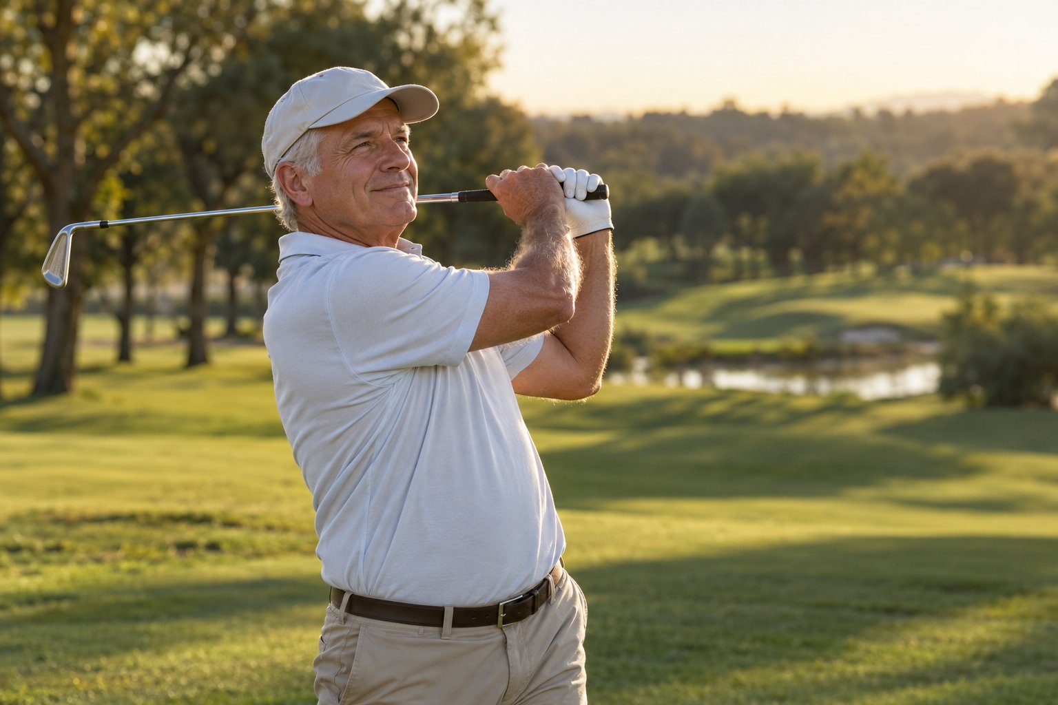 An older man in a white cap finishing a golf swing on a sunny course