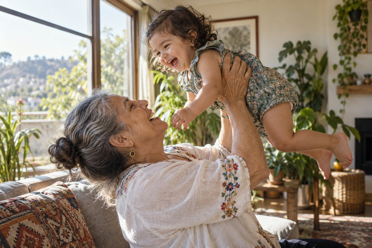 A grandmother lifting her laughing grandchild in a sunlit living room