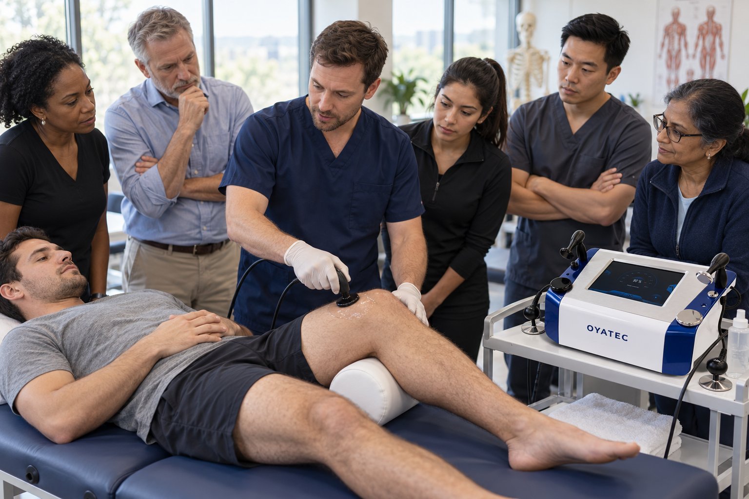 Practitioners gathered around a treatment table while an instructor shows the TECAR handpiece