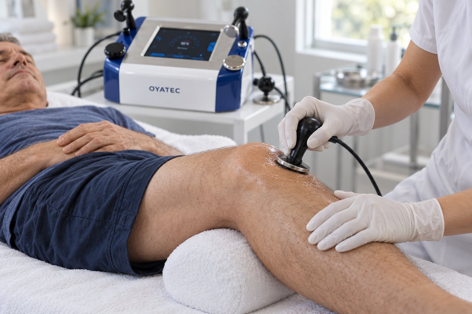 A practitioner moving the TECAR handpiece over a patient's knee