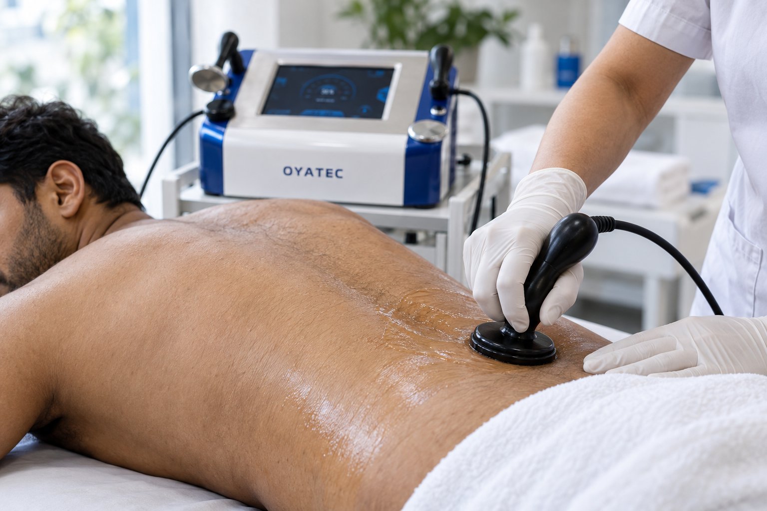 A practitioner treating a patient's lower back with the TECAR handpiece