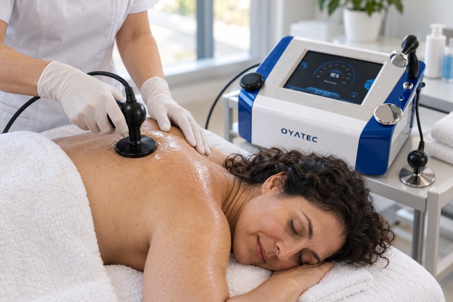 A practitioner treating a patient's shoulder with the TECAR handpiece